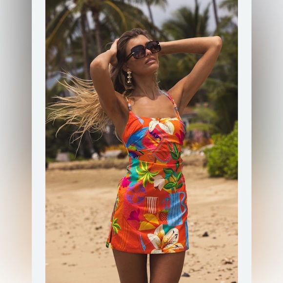 Kulani Kinis Pilila Beaded String Floral Mini Dress Havana Haven Hawaiian sz S - Picture 3 of 16